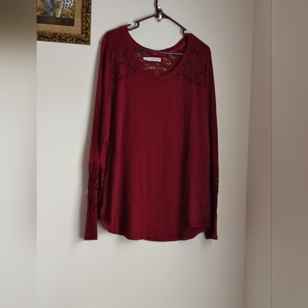 Maurices Blouse Women 2 Deep Red Long Sleeve Top Floral Lace Versatile Feminine